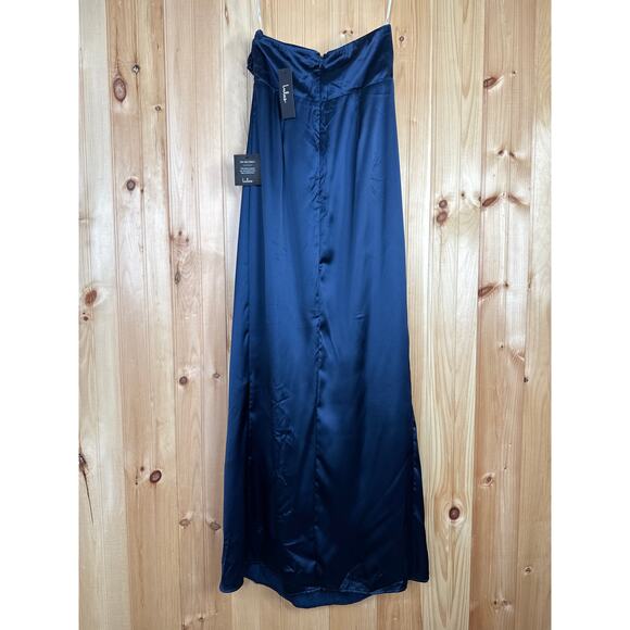 NWT Lulus Memorable Entrance Dark Blue Strapless Satin Maxi Dress Bridesmaid M - Picture 5 of 8